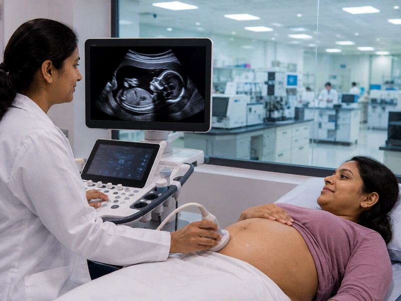 Advanced high-resolution pregnancy ultrasound workstation performing a high-precision second trimester scan to evaluate mid-pregnancy baby morphology and organ structures